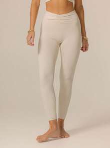 SHEIN Aralina-E Quần legging nhún Leisurewear hoàn hảo cho trang phục thể thao mùa hè và mùa đông, trang phục đi biển và trang phục sân bay cho phụ nữ - Màu be - Xem 5