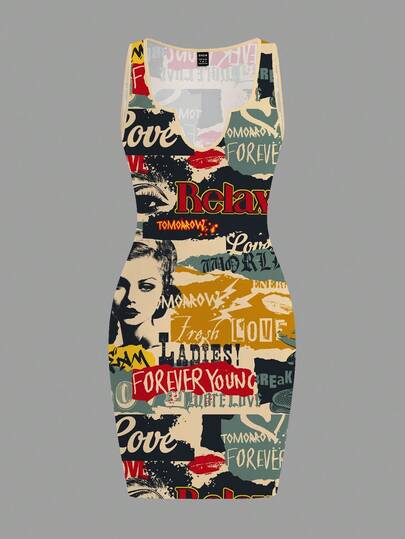 Slaydiva Đầm cỡ lớn in hình áp phích cổ điển, phù hợp cho trang phục lễ hội âm nhạc.