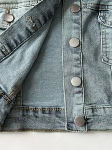 Elamini 女式长袖单排扣口袋休闲短款牛仔夹克 - 藍色 - 查看 3