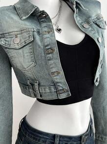 Elamini 女式长袖单排扣口袋休闲短款牛仔夹克 - 藍色 - 查看 6