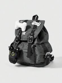 ROMWE Grunge Punk Balo nhiều ngăn màu đen họa tiết chân mèo, xương, ngôi sao phong cách Punk, màu tương phản, thời trang, phù hợp cho cả nam và nữ, dung tích lớn, thích hợp đi làm, đi học - màu đen - Xem 2