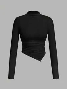 SHEIN SXY Bộ 2 áo thun tay dài cổ bẻ viền bất đối xứng, màu đen và đỏ - Màu Đỏ Sâu - Xem 3