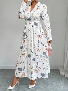 Elenzga Plus Size Random Floral Print Crisscross Wrap Long Sleeve Dress Maxi Women Outfit Fall Cloth For Women