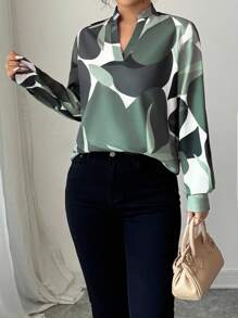 Elenzga 休闲拼色印花缺口领衬衫，适合春秋季节 - 橄欖綠 - 查看 3