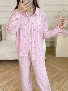 SHEIN Girls' Oversized Striped Butterfly Print 3-Piece Set - Loose Pocket Shirt + Vest + Wide Leg Pants, Casual Fashion Outfit Suitable For Outdoor, Sports, And School Wear