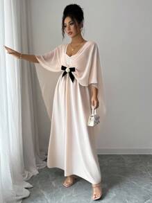 Elenzga Elegant Sleeveless Dress With Shawl Collar, Bowknot Design For Women - Dusty Pink - View 3