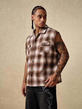 Grunge Punk Men's Plaid Single-Breasted Casual Vest With Pockets