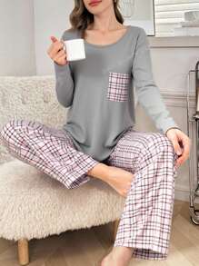 EURMUSE Cotton 2pcs/Set Women' S Print Pajamas And Pocket Detail Long Sleeve Homewear Pajama Set Womens Pajama Set Plaid Pajama Set Soft Pajama Set Round Neck Pajama Set Womens Sleepwear Set - Grey - View 4