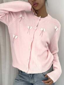 SHEIN CovetEZ 女士柔粉色蝴蝶结单排扣开衫，适合秋冬季 - 粉色 - 查看 5