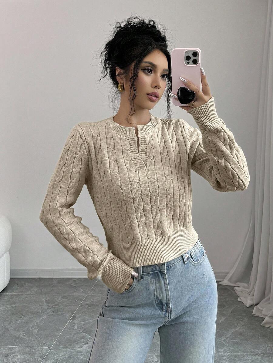 EURMUSE Áo len ngắn cổ chữ V họa tiết cáp xoắn dành cho nữ - Màu be - Xem 1