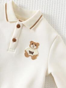 Cozy Pixies 2 件套男婴卡通熊图案针织柔软圆领长袖套头衫和松紧腰裤套装