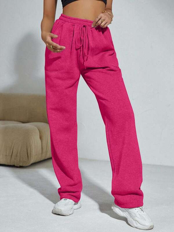 EURMUSE Women's Solid Color Elastic Waist Drawstring Straight Leg Loose Casual Sweatpants