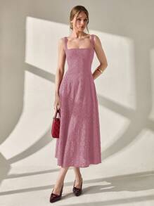 CLARA VERO Elegant Solid Color Hollow Embroidery Sleeveless Dress, Summer - Dusty Pink - View 3