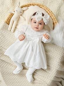 Cozy Pixies 新生女婴纯色彼得潘领长袖腰系带连衣裙，百搭舒适 - 白色 - 查看 5