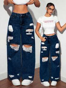 SHEIN Tall 女式深色做旧时尚牛仔裤 - 中等水洗藍 - 查看 1