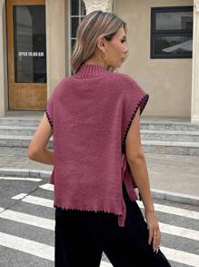 Serisse Áo vest dệt kim dáng rộng cổ đứng viền hoa buộc bên hông dành cho nữ vào mùa thu/đông - Đỏ - Xem 2