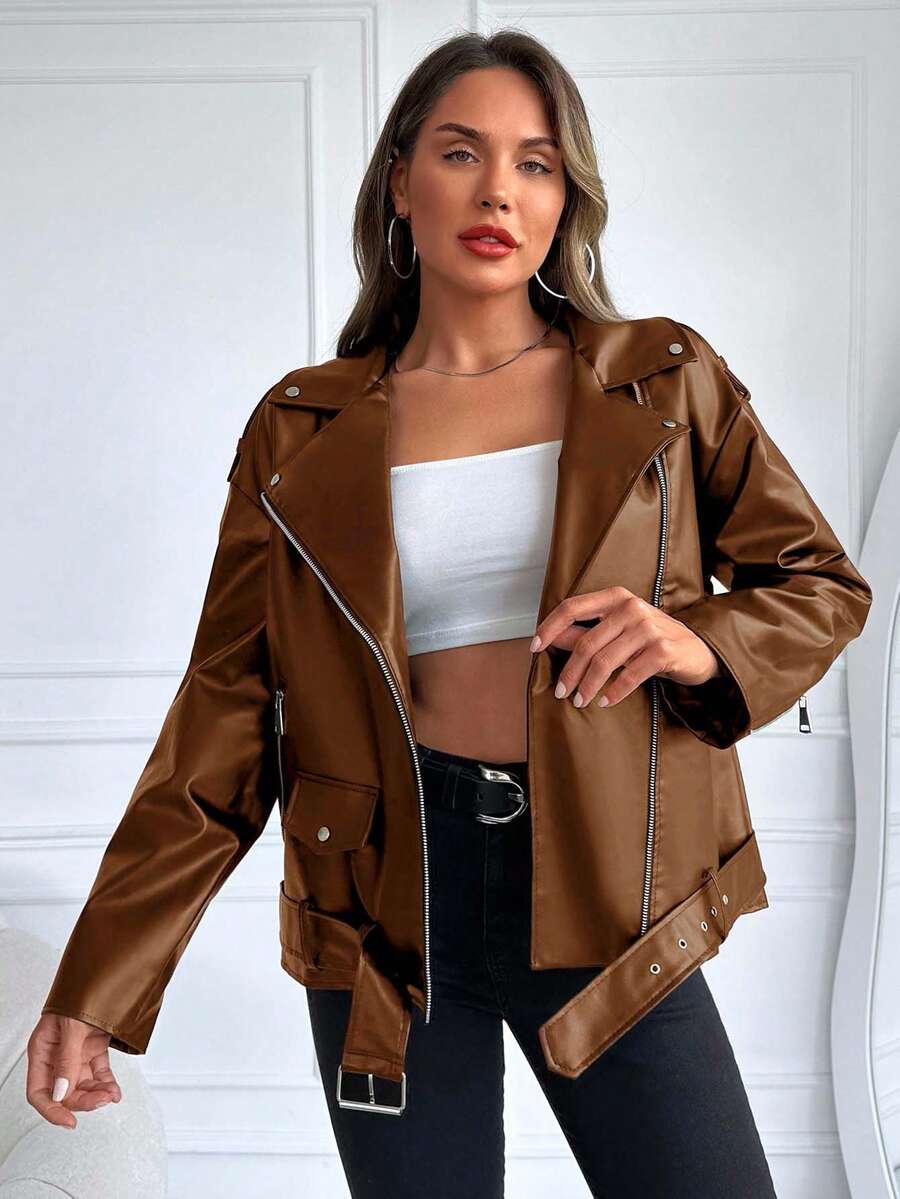 RueChic Zip Up Belted PU Leather Moto Jacket - Brown - View 1