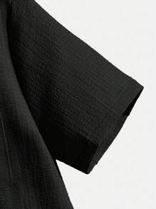 SHEIN Tween Boys' Casual Comfortable Loose Fit Short Sleeve Button Down Shirt With Letter Patched - Black - View 3