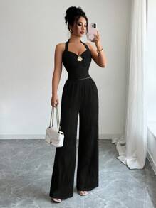 Selianne Bộ trang phục họa tiết gợn sóng phong cách Mỹ cổ điển Y2K mới, áo crop top dây mảnh trang trí hoa kim loại + quần ống đứng, bộ 2 món cho nữ, phù hợp cho ngày lễ Độc lập, phong cách Stockholm màu nâu - màu đen - Xem 6