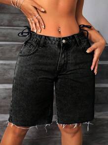 SHEIN EZwear 大码女式口袋磨边休闲百慕大牛仔短裤 - 黑色 - 查看 3