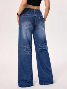 SHEIN EZwear 女式低腰口袋宽松休闲直筒牛仔裤 - 深色水洗藍 - 查看 2