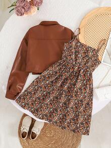 SHEIN 2 件套青少年女孩休闲棕色长袖圆领 PU 皮夹克 + 棕色碎花吊带裙，甜美、酷炫、优雅的装扮 - 棕色 - 查看 5