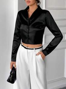 EURMUSE Cropped Long Sleeves Satin Blouse, V-Neck Style, Party Wear, Fitted Cut, Satin Look Material, Evening Fashion, Dressy Style, Sophisticated Design, Chic Fashion, Festive Wear, Modern Cut - Black - View 3