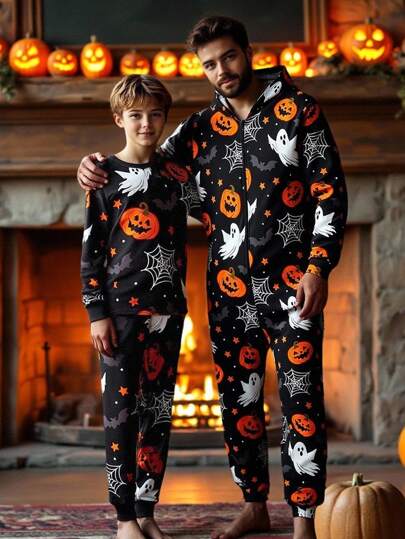 SHEIN 青少年男孩夜光万圣节南瓜和鬼魂印花紧身睡衣套装，长袖上衣和裤子，2 件套，返校时尚万圣节男童紧身睡衣