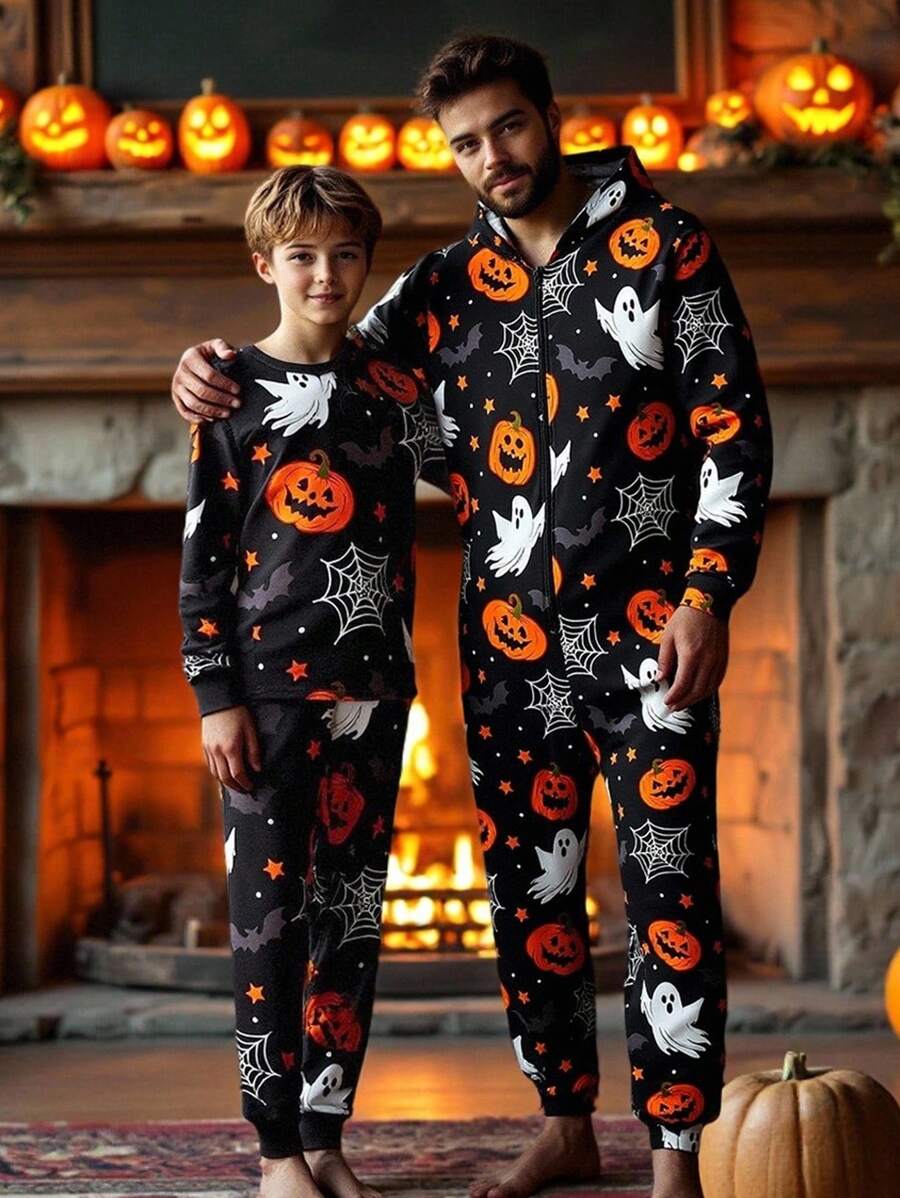 SHEIN 青少年男孩夜光万圣节南瓜和鬼魂印花紧身睡衣套装,长袖上衣和裤子,2 件套,返校时尚万圣节男童紧身睡衣 - 黑色 - 查看 1