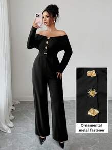 Modelyn 1 pieza Mono de manga larga con volantes y hebilla metálica off-shoulder para mujer - Negro - Ver 4