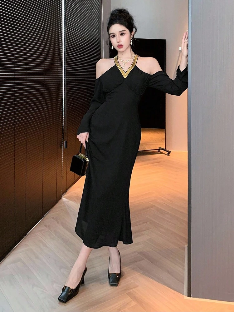 Women's Fashionable Elegant Open Shoulder V-Neck Fitted Mid-Length Dress Prom Dress