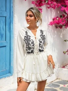 Vivid Eden Women's Floral Print V-Neck Long Sleeve Tie-Front Casual Jumpsuit, Autumn