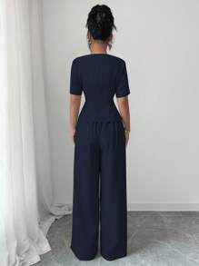 Elenzga 新款时尚法式女装春夏修身设计感 A 字型方领衬衫 + 阔腿直筒裤 2 件套 - 藏蓝色 - 查看 2