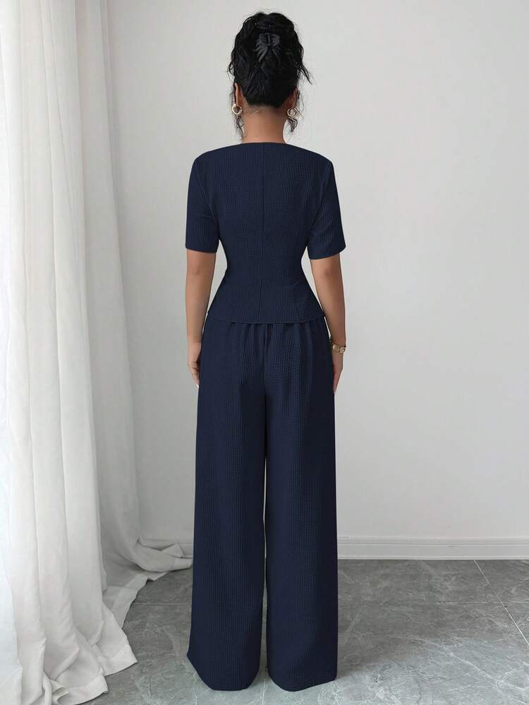 Elenzga New Stylish French Fashion Outfit For Women, Spring/Summer, Fitted Design Sense A-Line Square Collar Blouse + Wide Leg Straight Pants 2 Pieces Set - Navy Blue - View 2