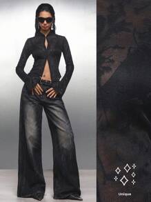 LYSMO 2025 新款极简主义秋季女式花卉网纱立领长袖前扣修身透视上衣，适合返校、舞会、2000 年代风格、Y2K、街头风、外出、朋克摇滚风、Y2K 和斯德哥尔摩风格、性感派对万圣节等场合。 - 黑色 - 查看 3