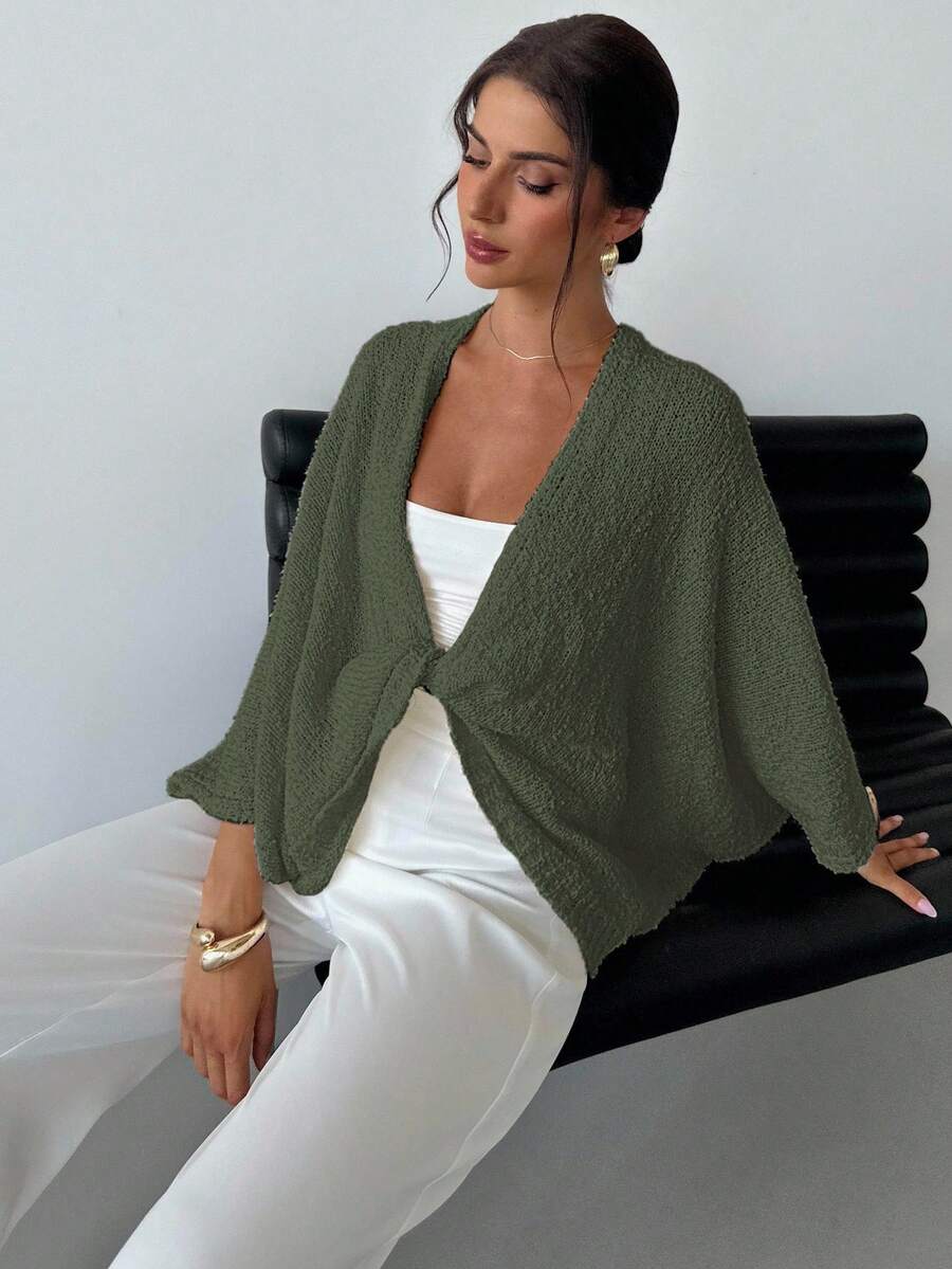 EURMUSE Women's Crossed V-Neck Loose Elegant Minimalist Sweater - Army Green - View 1