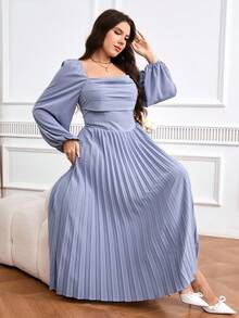 Modelyn Rochie cu mânecă lungă, plisată, în culoare solidă, mărime plus, cu guler pătrat - Albastru - Vizualizare 5