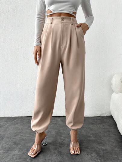 Cottnline Women's Solid Color Pleated Cuffed Cropped Pants