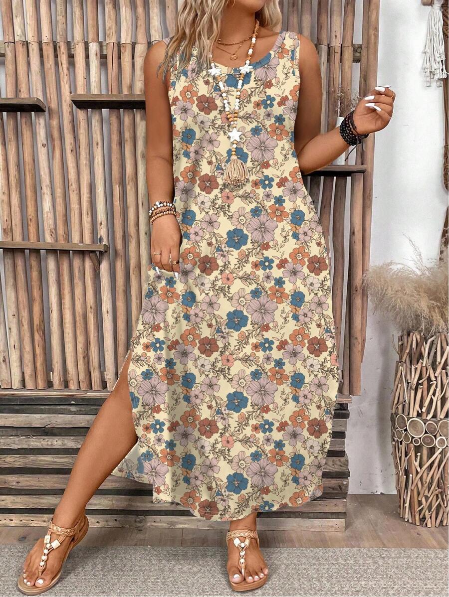 EMERY ROSE Plus Size Women Floral Print Sleeveless Casual Dress With Side Slit Hem - Multicolor - View 1