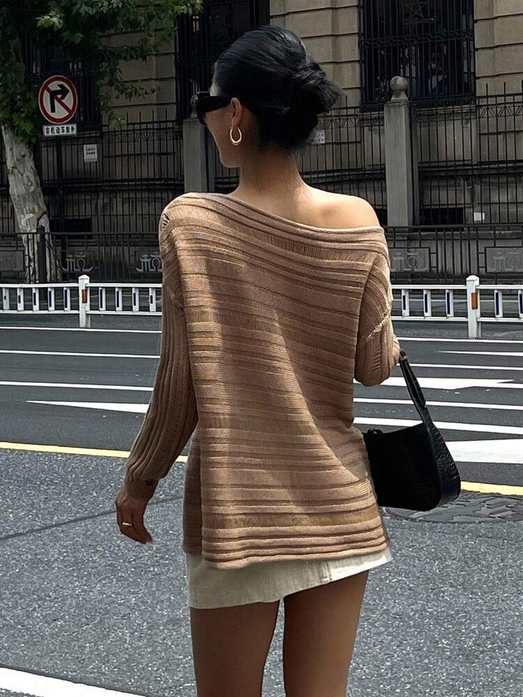 Women's Loose Fit Off-Shoulder Long Sleeve Hollow Casual Elegant Sweater, Autumn,Fall Women Clothes