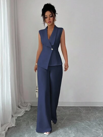 Selianne Women's Elegant Office Commute Afternoon Tea Party Outfit, Collared Asymmetric Hem Sleeveless Blazer Jacket With Metal Waist Buckle Decor, Paired With Elastic Waist Trousers, 2 Pieces Suit Set, Spring/Summer
