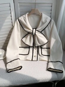 Comfortcana 女士花卉装饰蝴蝶结设计长袖优雅秋冬羊毛混纺大衣 - 杏色 - 查看 1