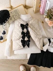 Young Girls Casual Cute Bowknot Quilted Vest - Apricot - View 6
