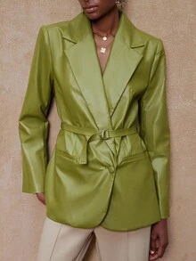 SHEIN Privé VITNOS 新款秋冬高端女士休闲日常通勤女士纯色 PU 皮革翻领长袖时尚西装外套绿色西装外套女士女士仿皮西装外套绿色仿皮西装外套女士西装外套配腰带女士西装外套 - 薄荷綠 - 查看 8