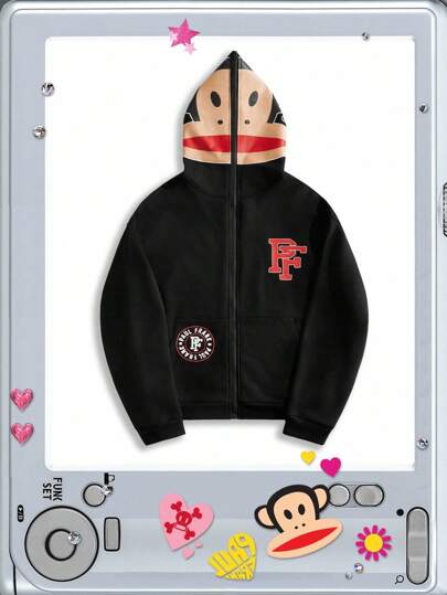 Paul Frank X ROMWE Men's Letter & Cartoon Graphic Zip-Up Hoodie Sweatshirt