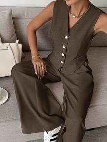 Siren Gaze 女士纯色单排扣背心和裤子休闲套装 - 巧克力棕 - 查看 4
