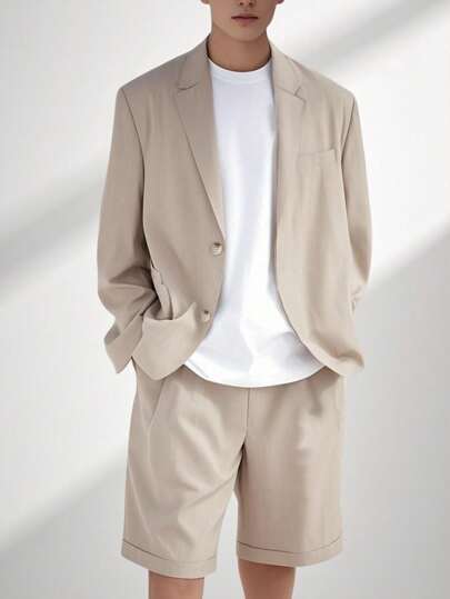 SHEIN 2 件套青少年男孩绅士装，卡其色休闲长袖西装外套 + 短裤，正式优雅休闲日常生日派对表演婚礼正式场合