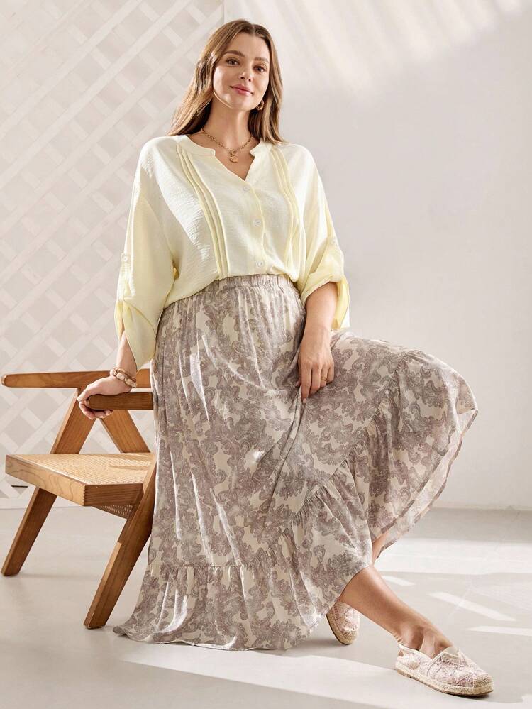 Plus Size Women's Solid V-Neck Cuffed Sleeve Shirt And Floral Print A-Line Skirt 2 Pieces Set,Fall Clothes Plus Size,Business Casual Woman,Classy Outfits For Women,For Stylish Everyday Wear,Fall Outfits For Women,Chic Autumn