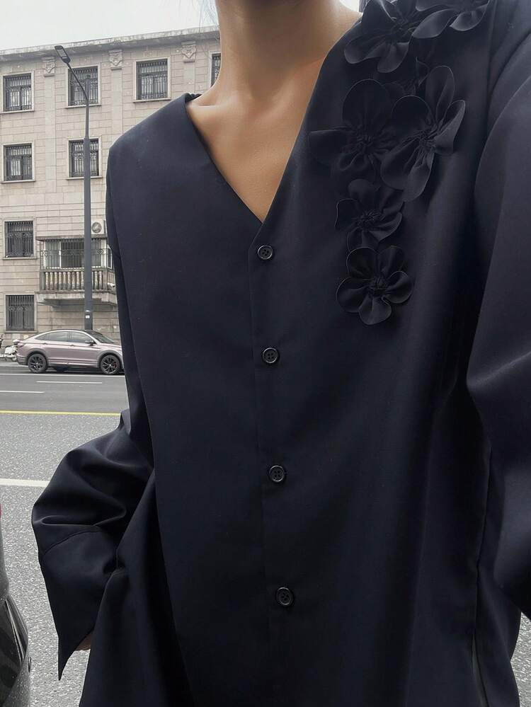 Women's Loose V-Neck Long Sleeve 3D Floral Casual Elegant Blouse, Autumn,Fall Women Clothes