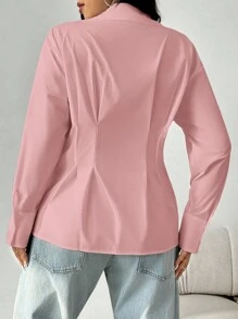 SHEIN EZwear 大码女式长袖褶皱单排扣休闲衬衫，粉色 - 粉色 - 查看 2